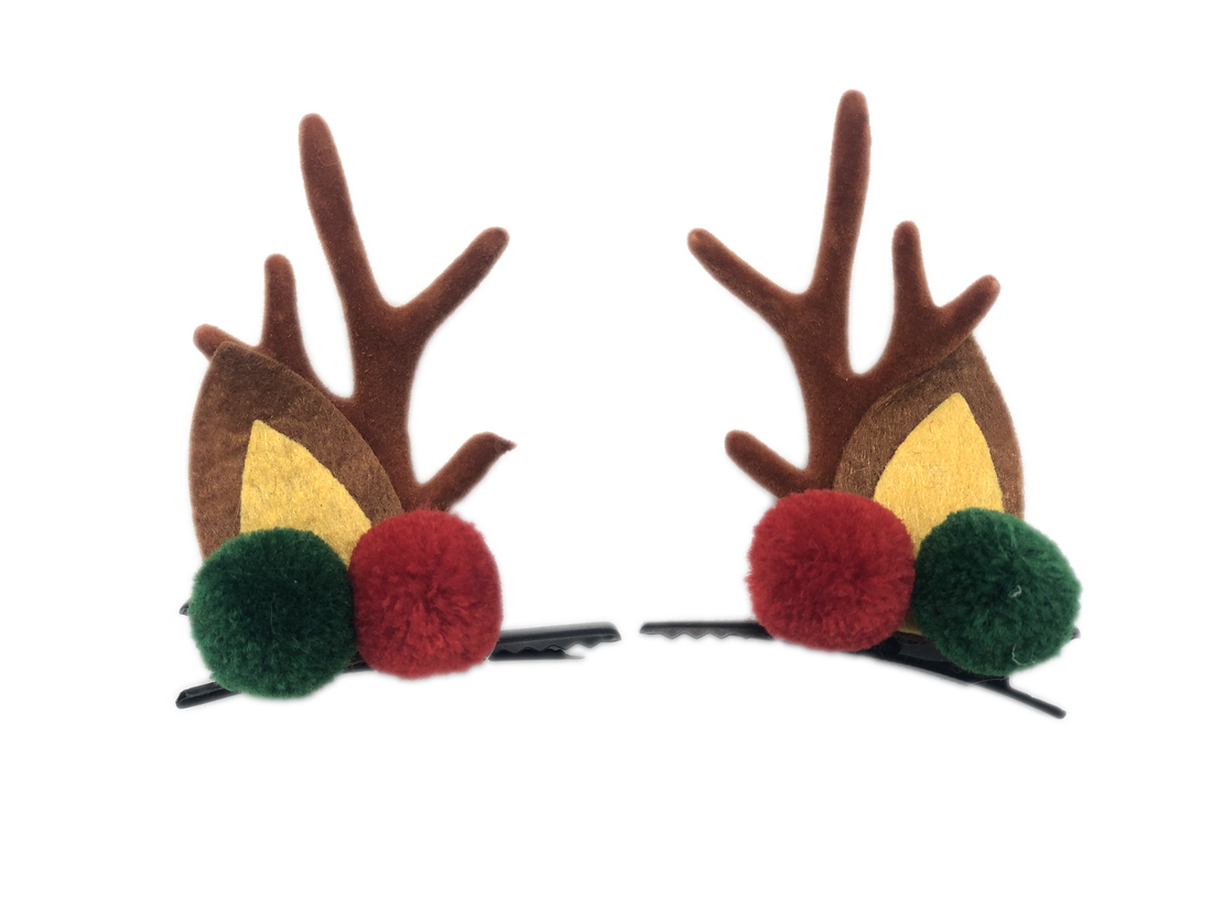 Barrette bois de Renne Noel avec pompons